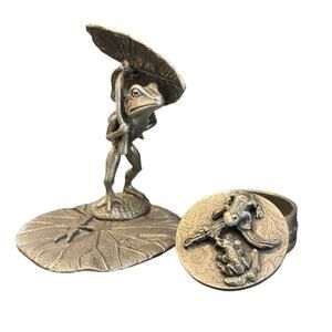 Pewter Image, Frog with Umbrella on Lilypad and Trinket Box, 4 pieces